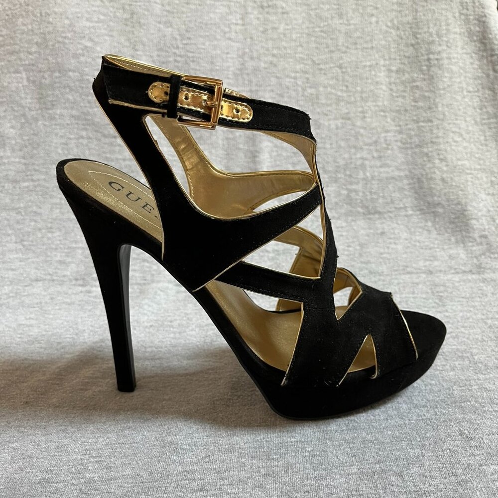 Guess Black Faux-Suede Strappy Stilettos w/ Gold Trim.  Never Worn.  Size 7.5